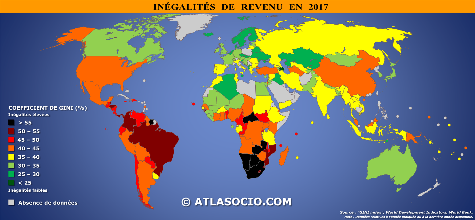 Carte du monde relative aux inégalités de revenu (coefficient de Gini) par État en 2017