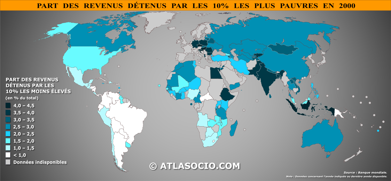 Carte du monde relative à la part des revenus détenus par les 10% les plus pauvres en 2000