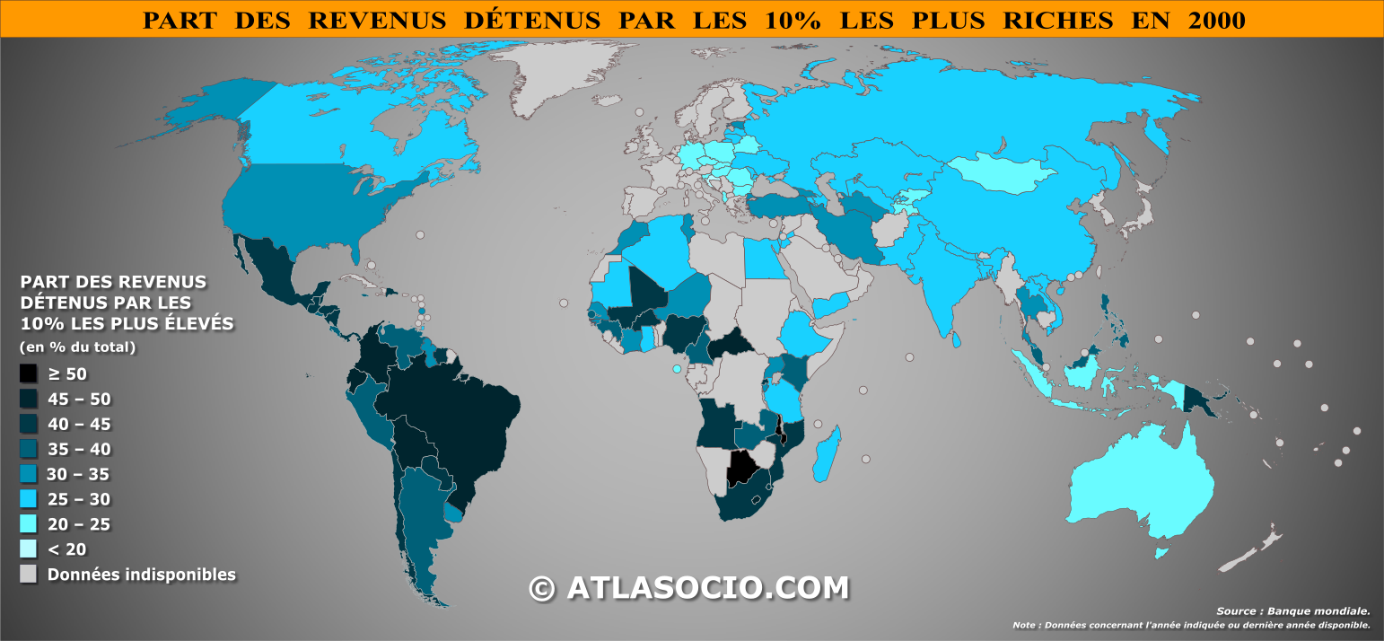 Carte du monde relative à la part des revenus détenus par les 10% les plus riches en 2000