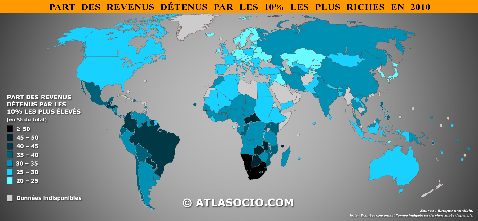 Carte du monde relative à la part des revenus détenus par les 10% les plus riches en 2010