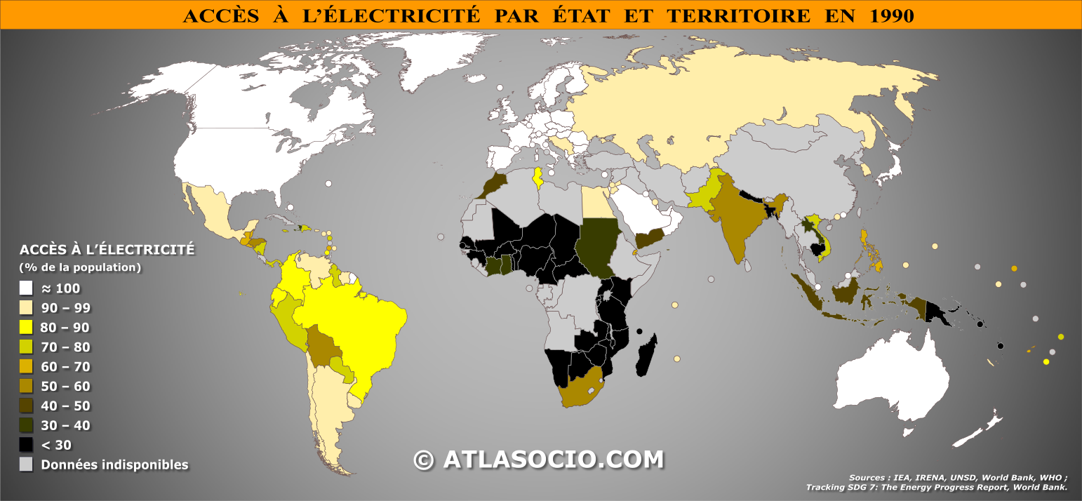 Carte du monde relative à la part de la population (%) ayant accès à l'électricité par État en 1990