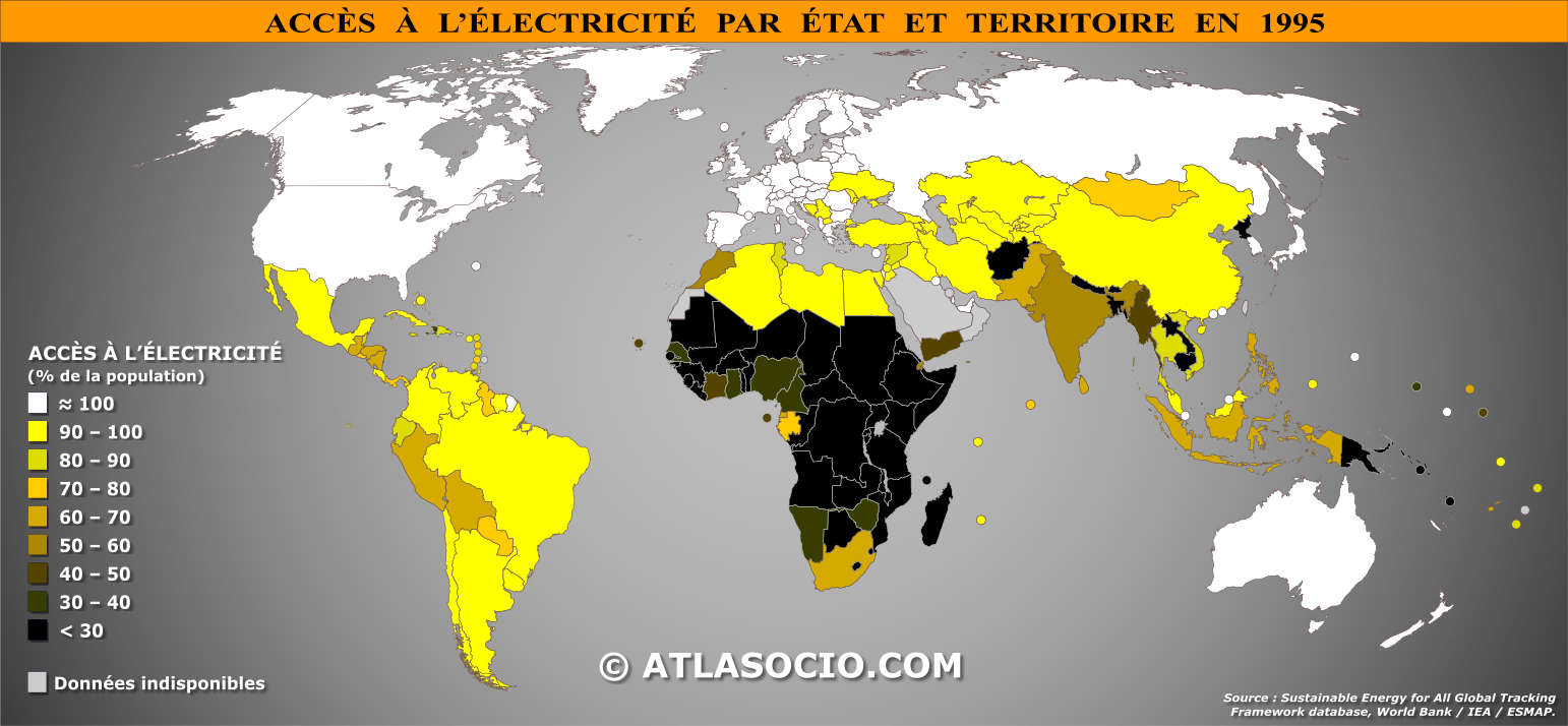 Carte du monde relative à la part de la population (%) ayant accès à l'électricité par État en 1995