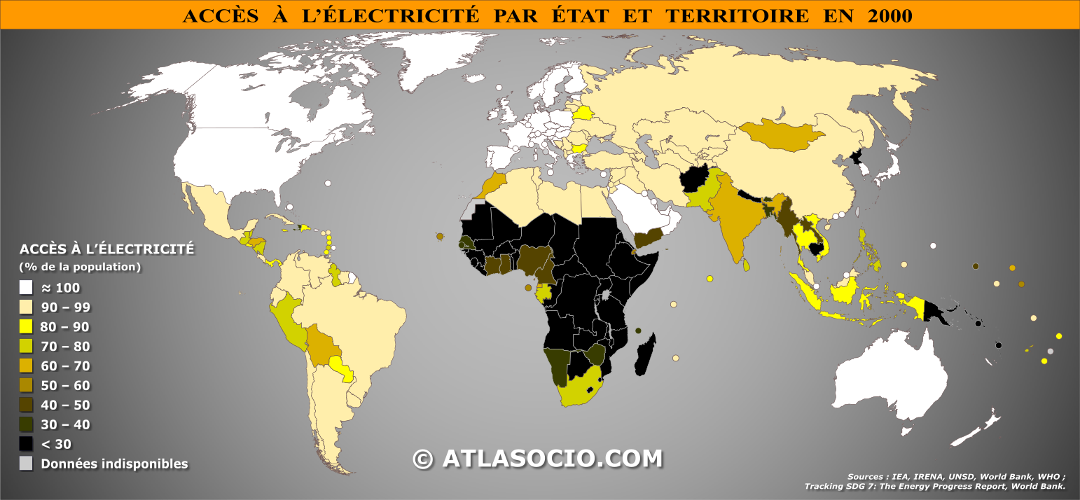 Carte du monde relative à la part de la population (%) ayant accès à l'électricité par État en 2000