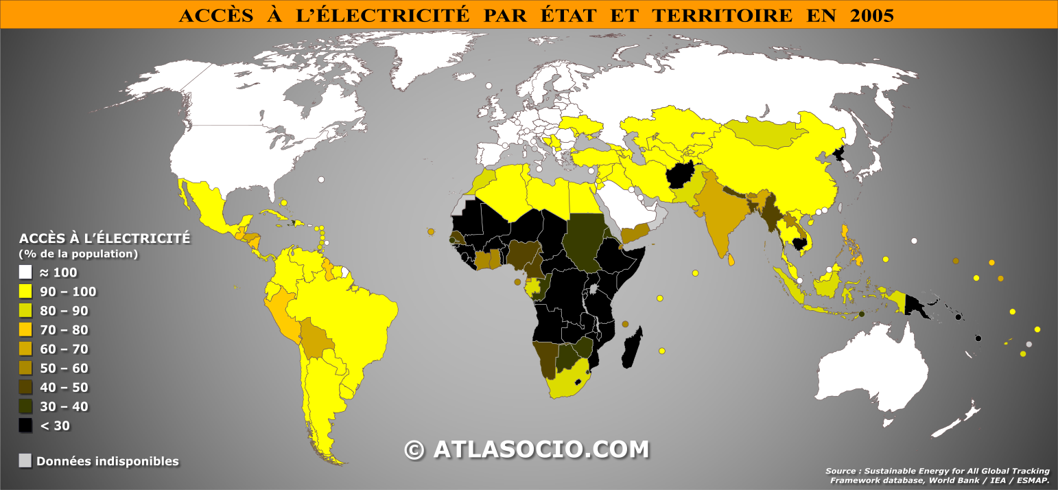 Carte du monde relative à la part de la population (%) ayant accès à l'électricité par État en 2005