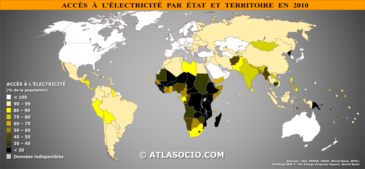 Carte du monde relative à la part de la population (%) ayant accès à l'électricité par État en 2010