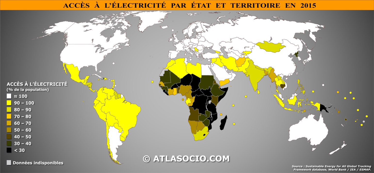 Carte du monde relative à la part de la population (%) ayant accès à l'électricité par État en 2015
