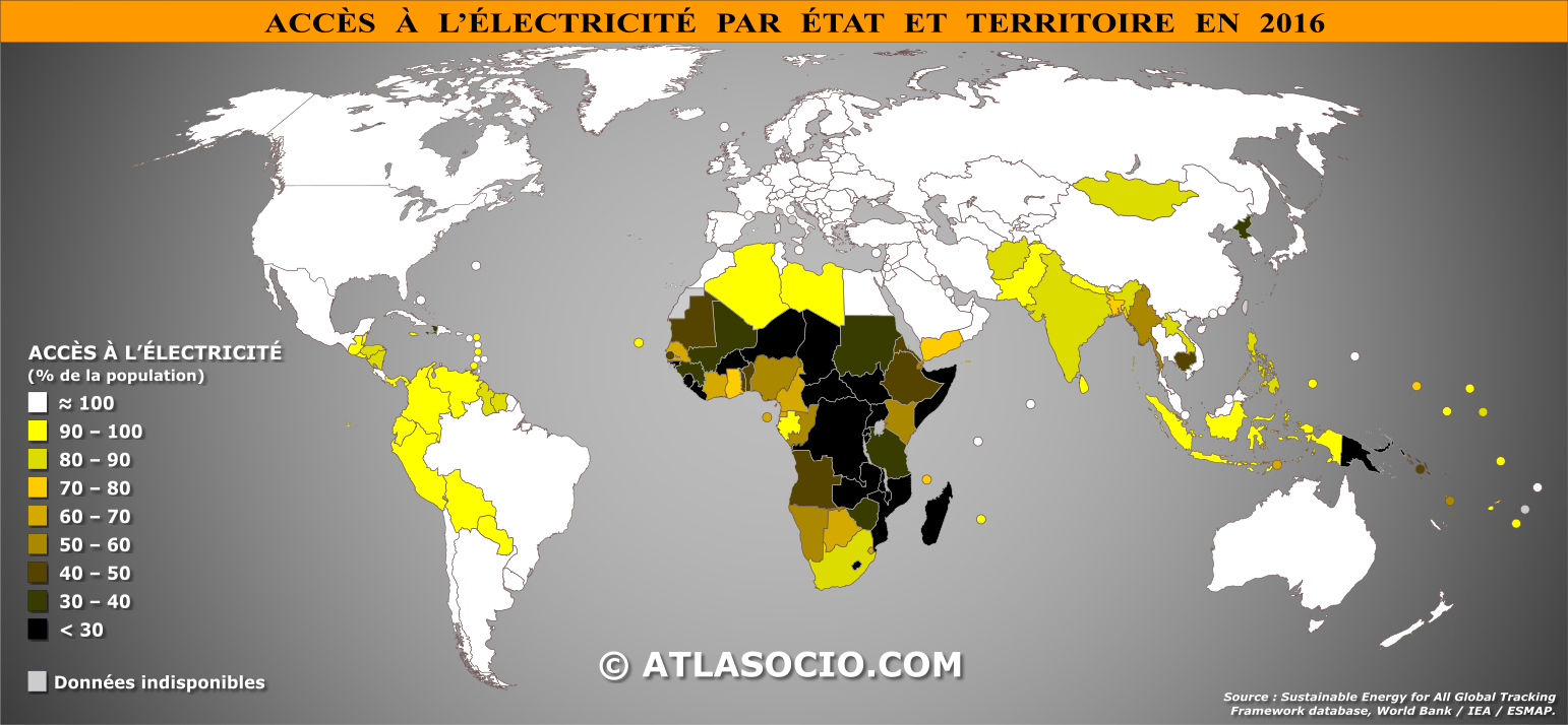 Carte du monde relative à la part de la population (%) ayant accès à l'électricité par État en 2016