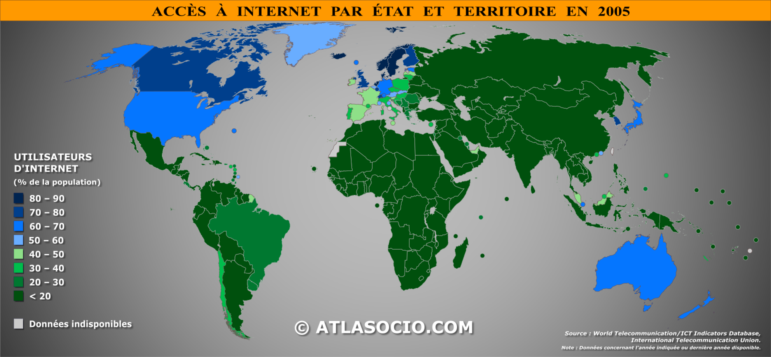 Carte du monde relative à la part de la population (%) ayant accès à Internet par État en 2005