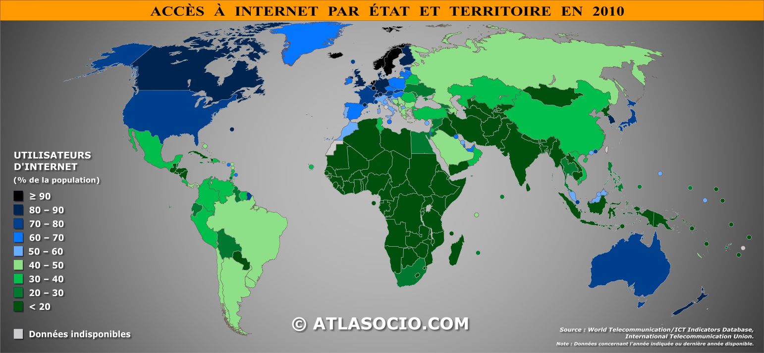 Carte du monde relative à la part de la population (%) ayant accès à Internet par État en 2010