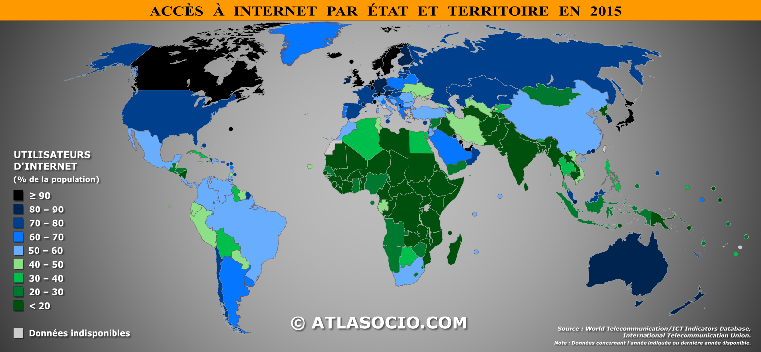 Carte du monde relative à la part de la population (%) ayant accès à Internet par État en 2015