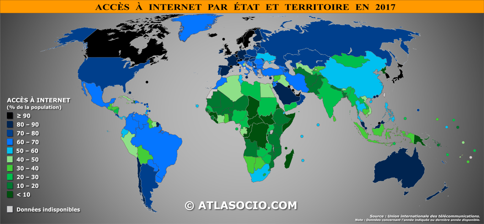 Carte du monde relative à la part de la population (%) ayant accès à Internet par État en 2017