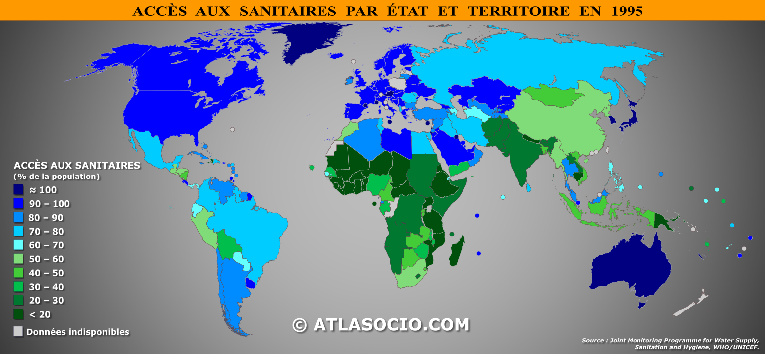 Carte du monde relative à la part de la population (%) ayant accès aux sanitaires par État en 1995