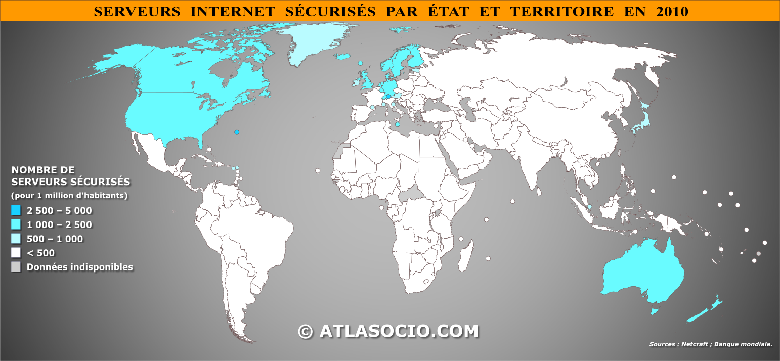 Carte du monde relative au nombre de serveurs Internet sécurisés par État en 2010