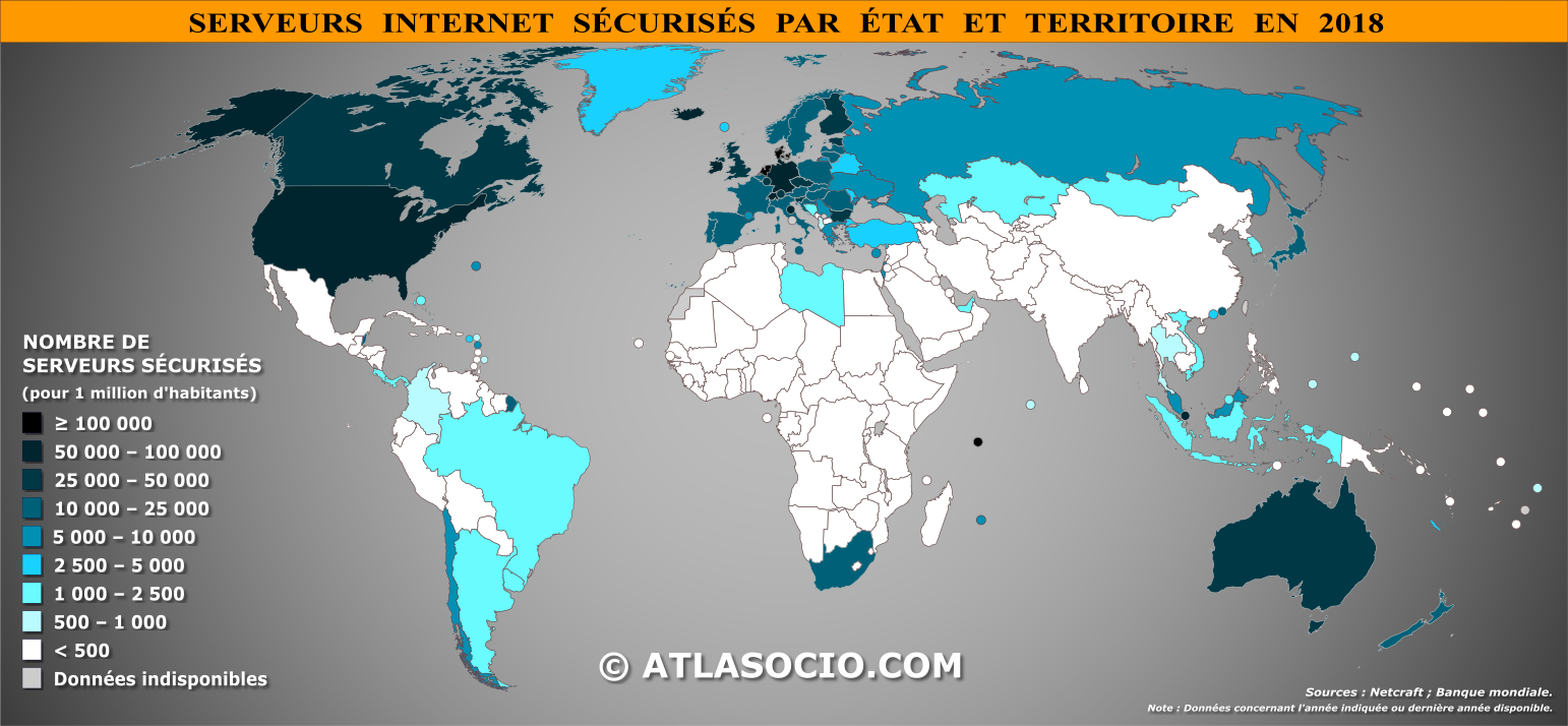 Carte du monde relative au nombre de serveurs Internet sécurisés par État en 2018