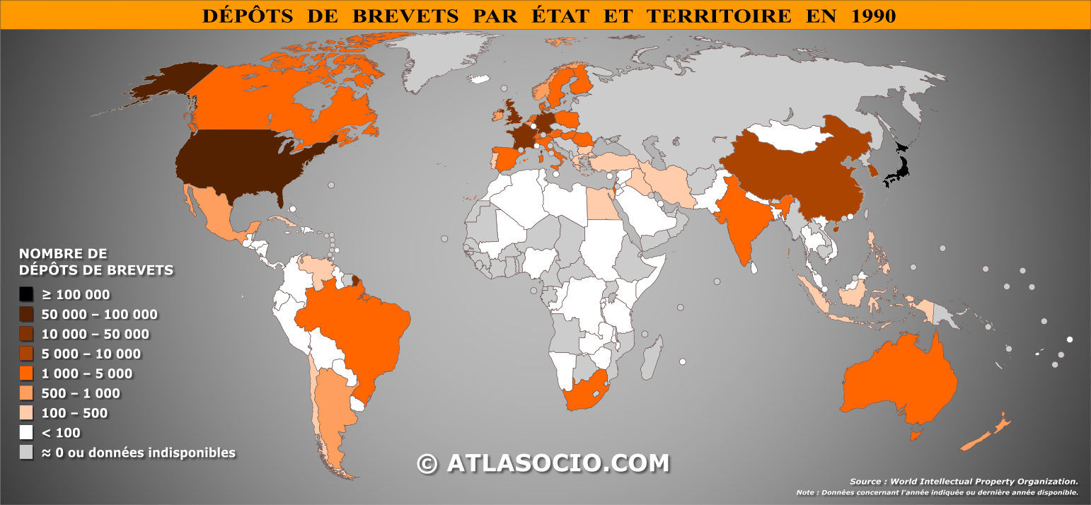 Carte du monde relative au nombre de dépôts de brevets par État en 1990
