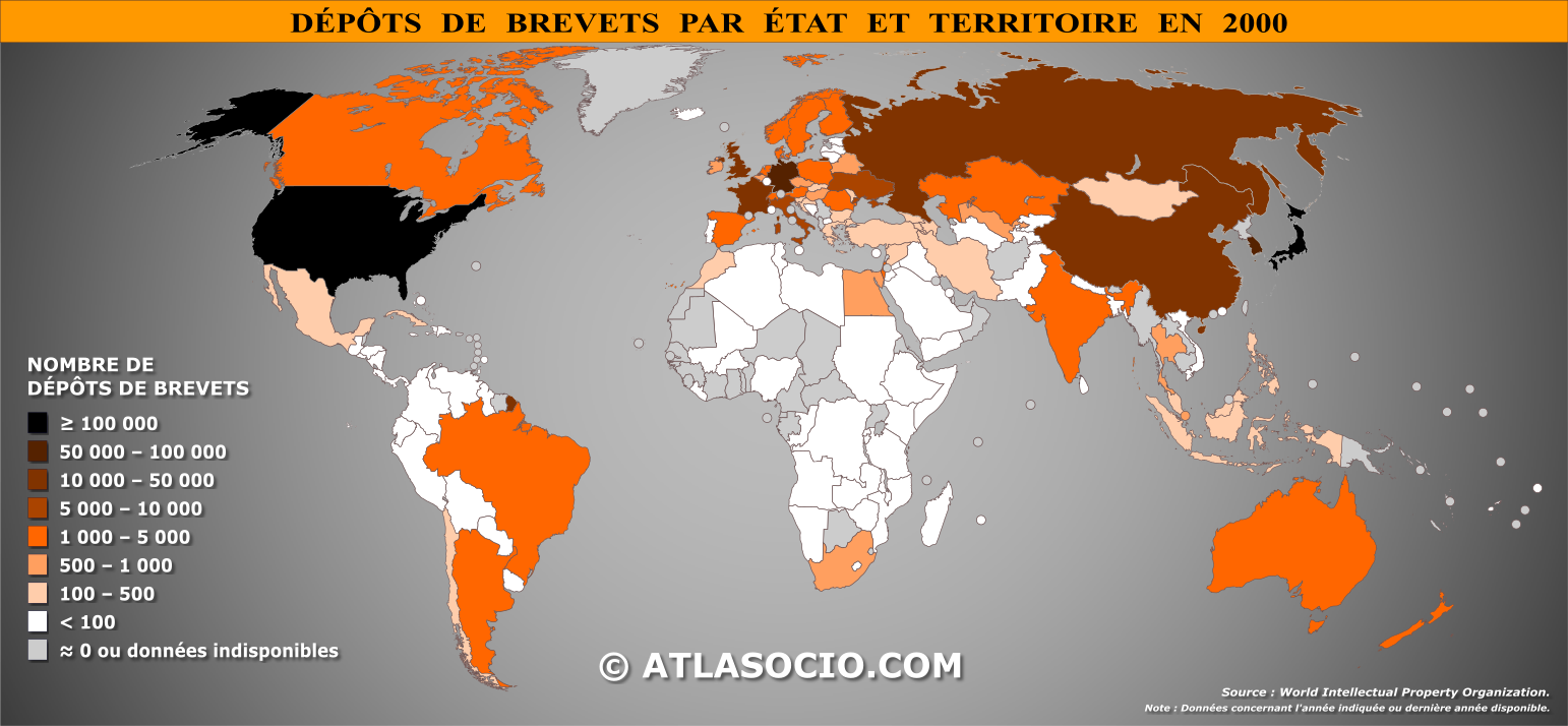 Carte du monde relative au nombre de dépôts de brevets par État en 2000