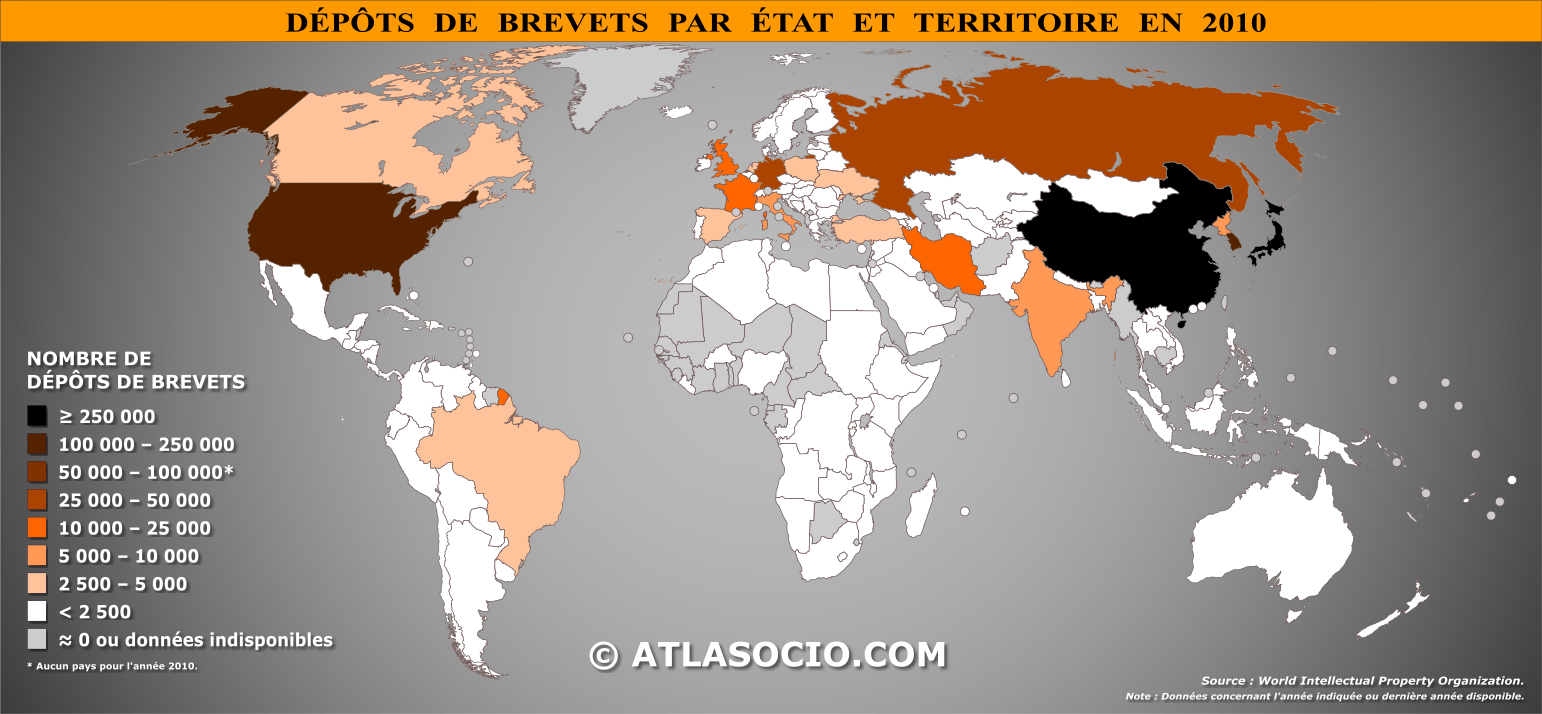 Carte du monde relative au nombre de dépôts de brevets par État en 2010