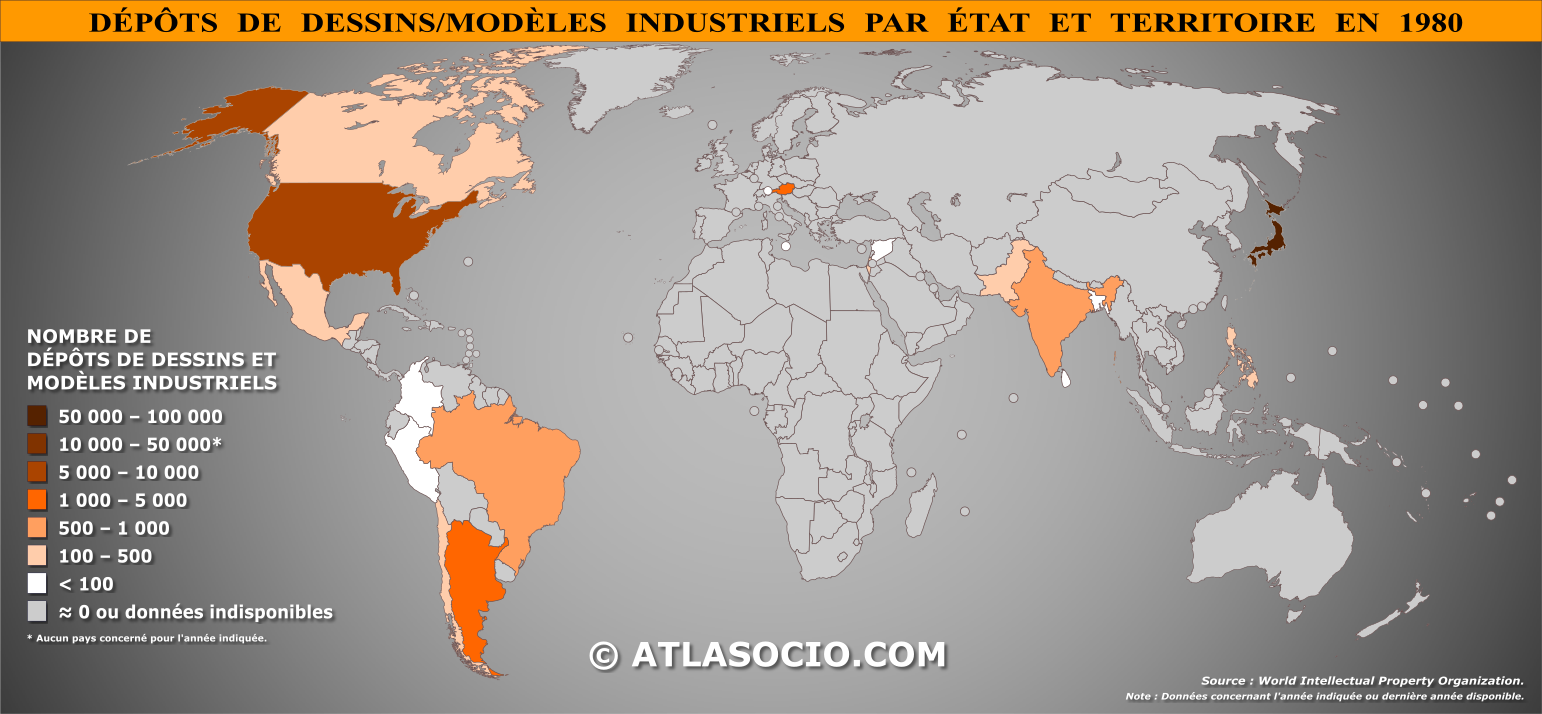 Carte du monde relative au nombre de dépôts de dessins et modèles industriels par État en 1980