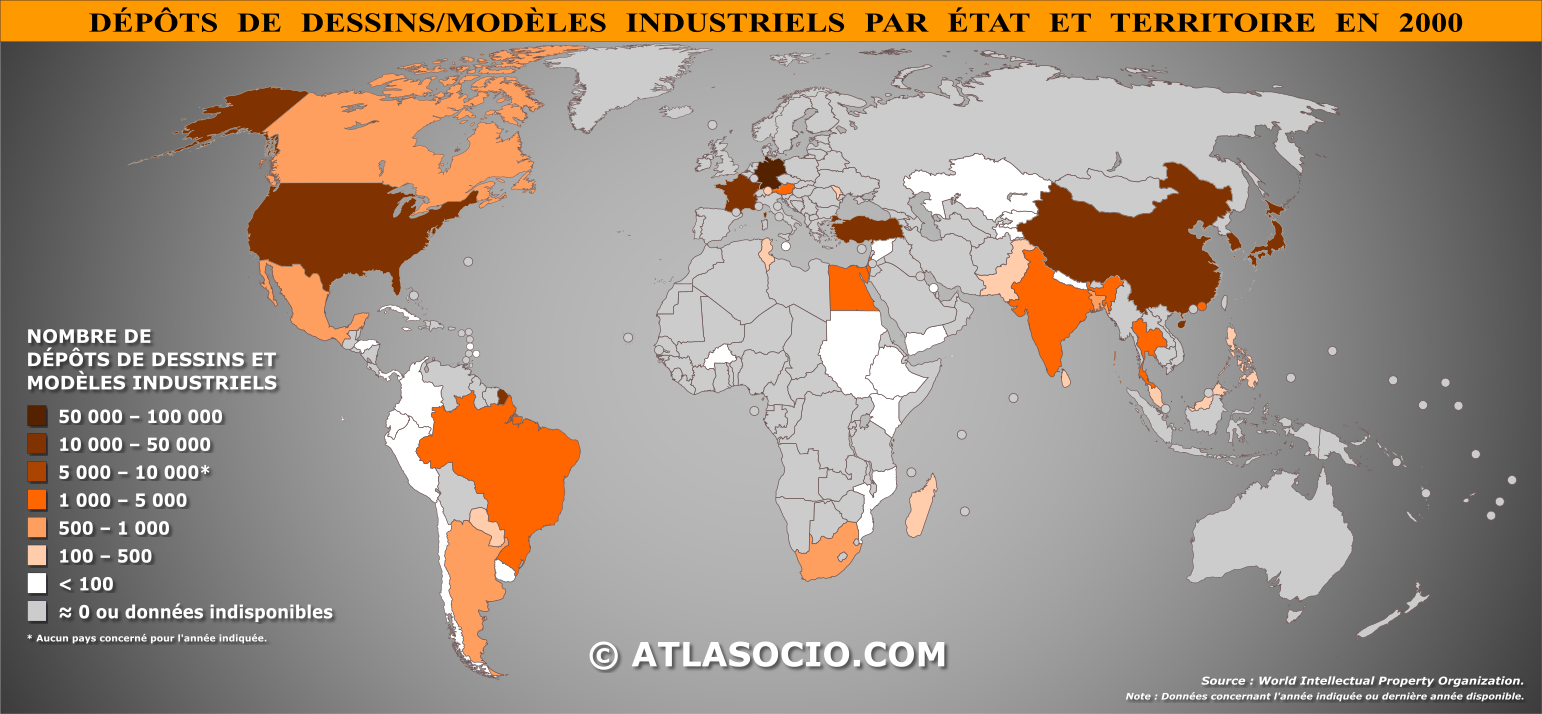 Carte du monde relative au nombre de dépôts de dessins et modèles industriels par État en 2000