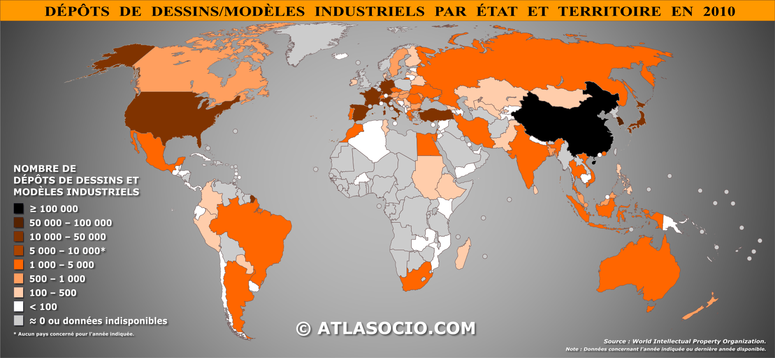 Carte du monde relative au nombre de dépôts de dessins et modèles industriels par État en 2010