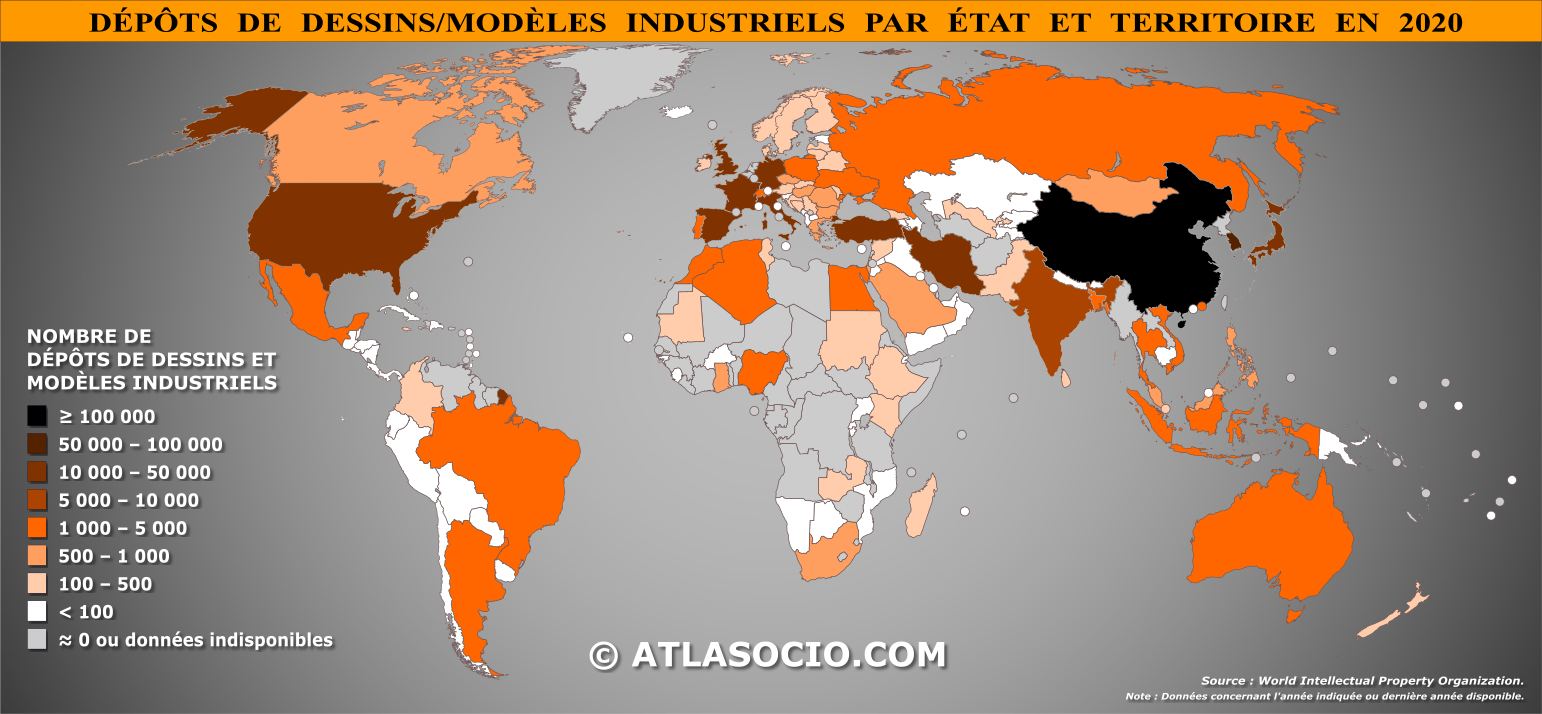 Carte du monde relative au nombre de dépôts de dessins et modèles industriels par État en 2020