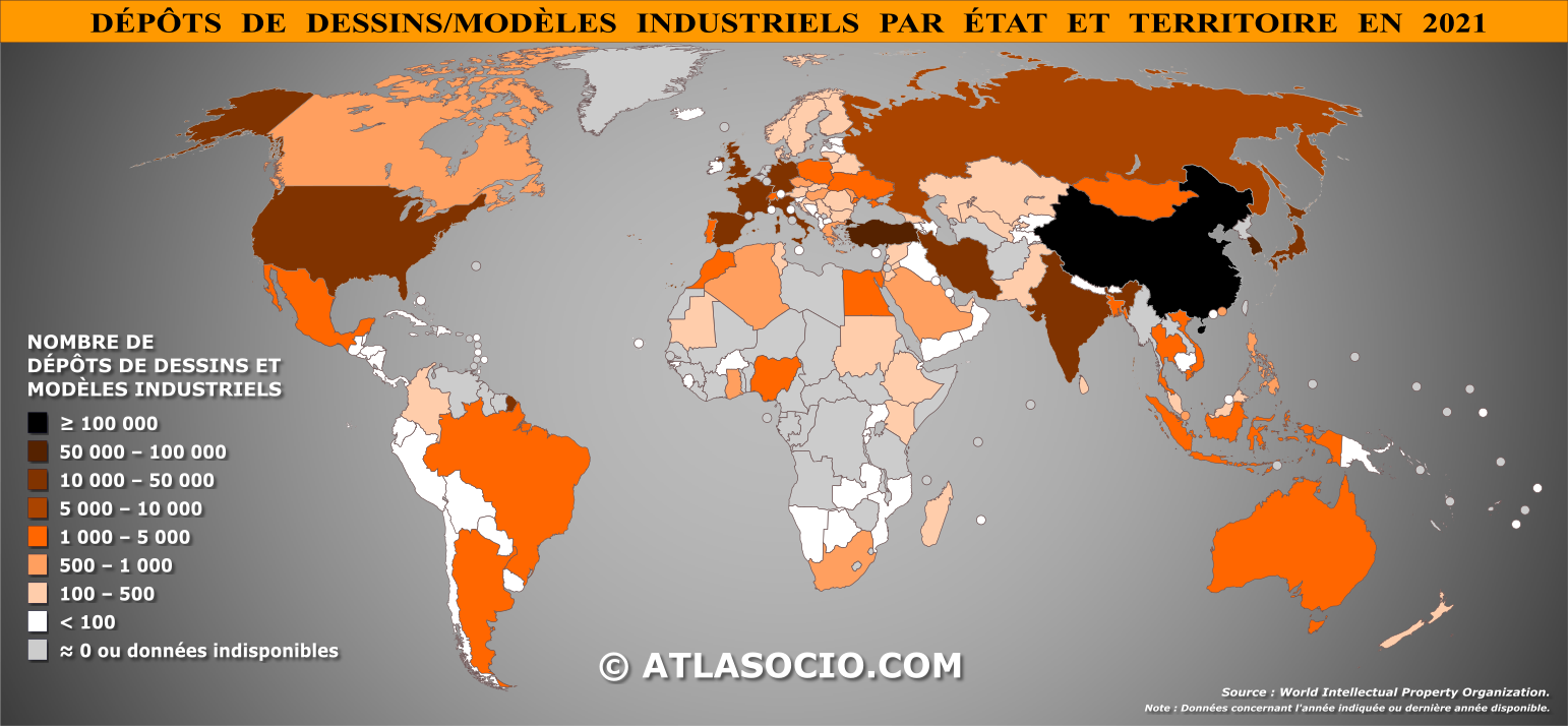 Carte du monde relative au nombre de dépôts de dessins et modèles industriels par État en 2021