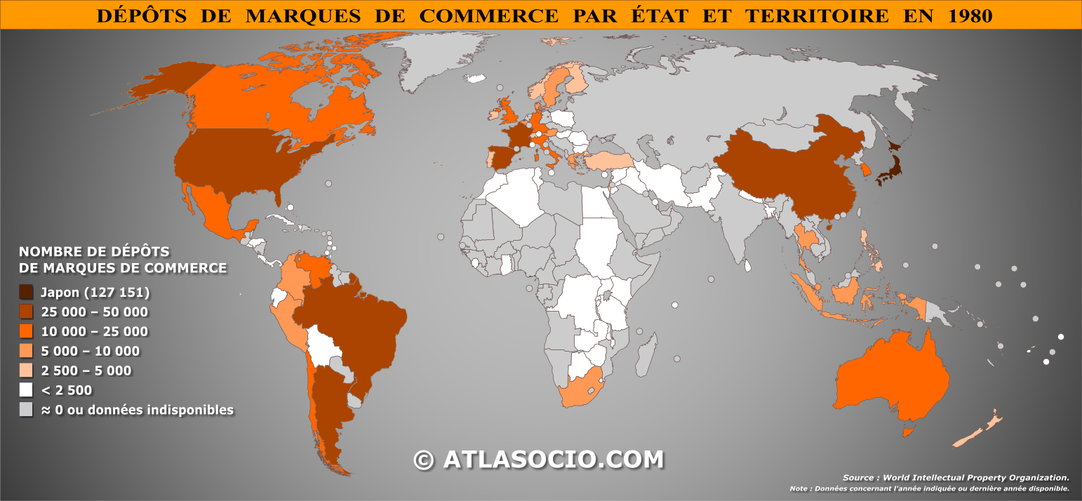 Carte du monde relative au nombre de dépôts de marques de commerce par État en 1980