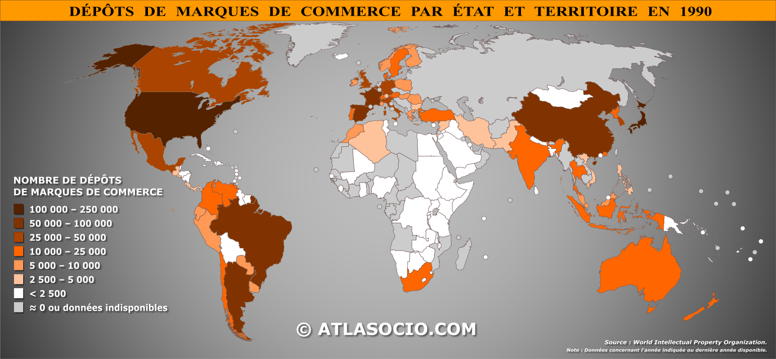 Carte du monde relative au nombre de dépôts de marques de commerce par État en 1990