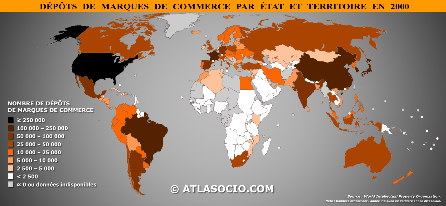 Carte du monde relative au nombre de dépôts de marques de commerce par État en 2000