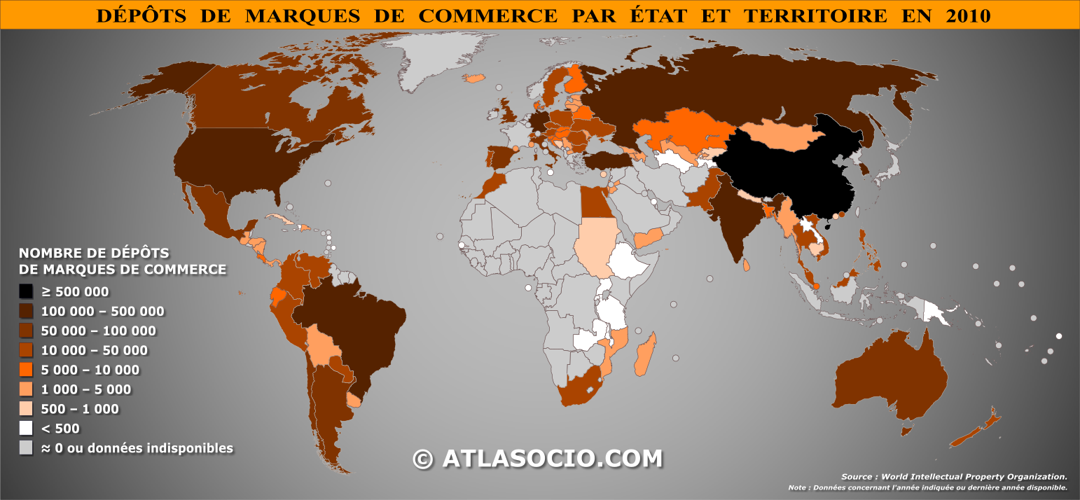 Carte du monde relative au nombre de dépôts de marques de commerce par État en 2010