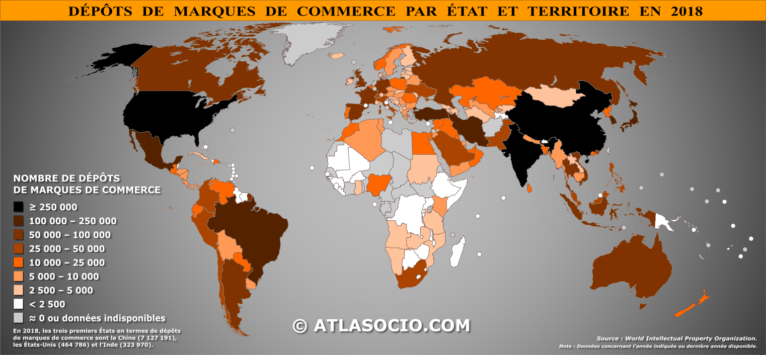Carte du monde relative au nombre de dépôts de marques de commerce par État en 2018