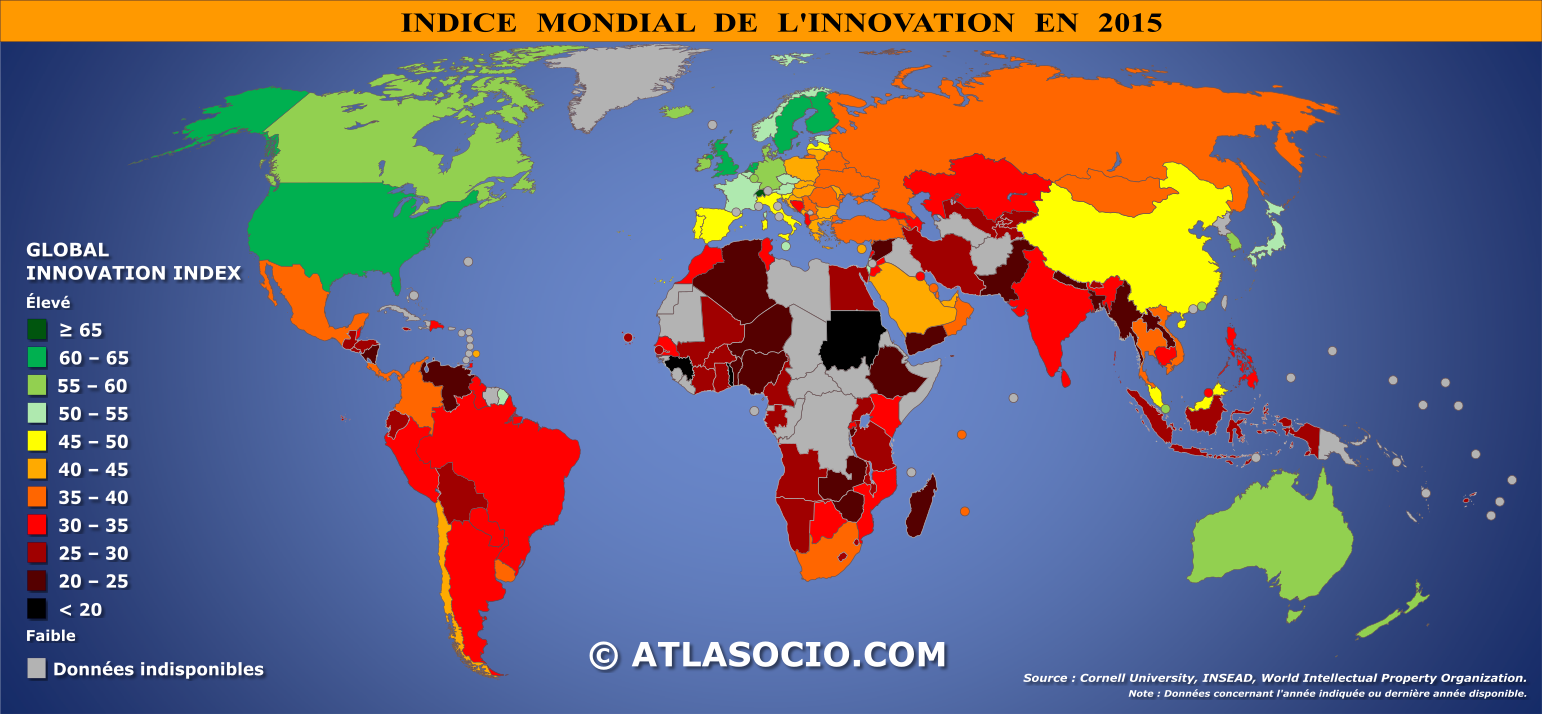 Carte du monde relative à l'indice mondial de l'innovation par État en 2015