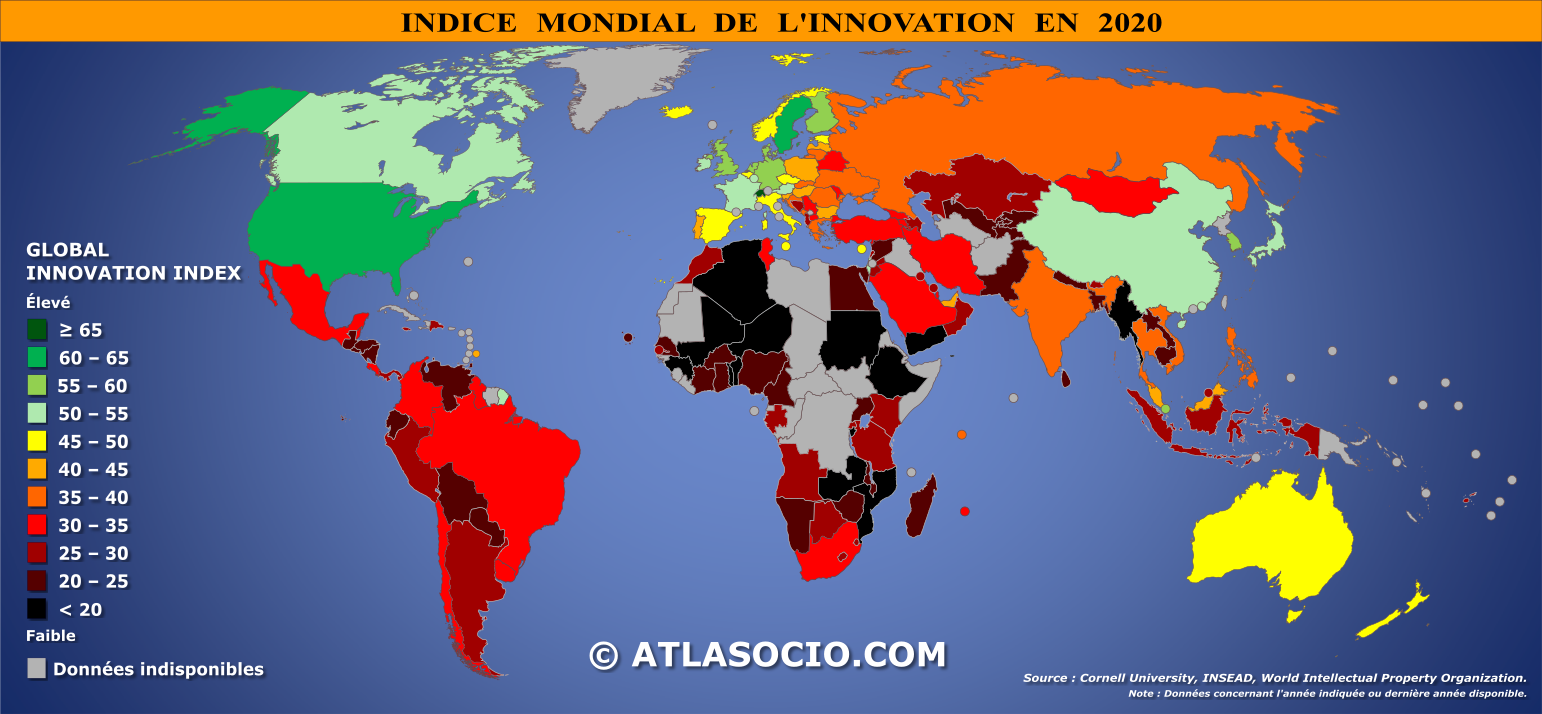Carte du monde relative à l'indice mondial de l'innovation par État en 2020