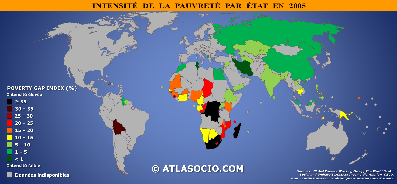 Carte du monde relative à l'intensité de la pauvreté par État en 2005