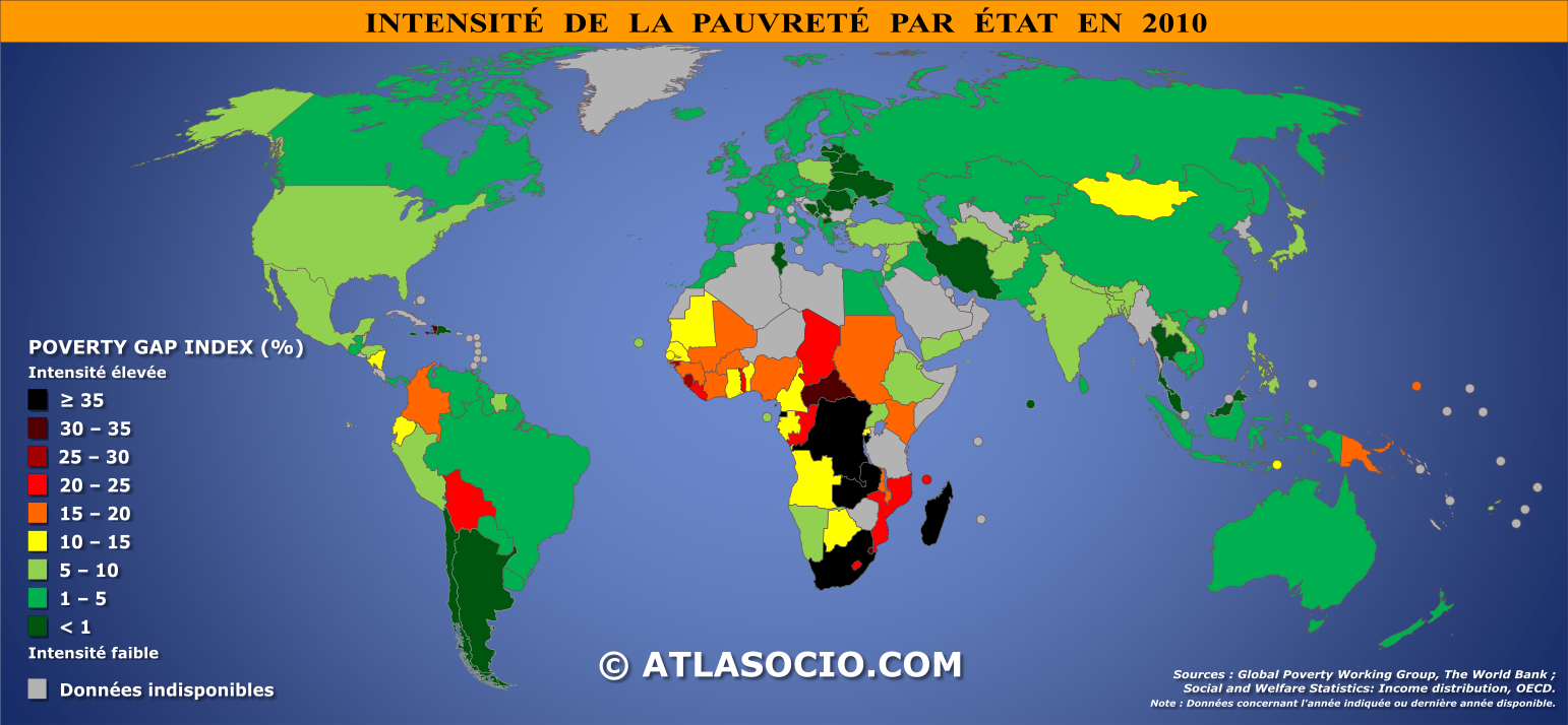 Carte du monde relative à l'intensité de la pauvreté par État en 2010