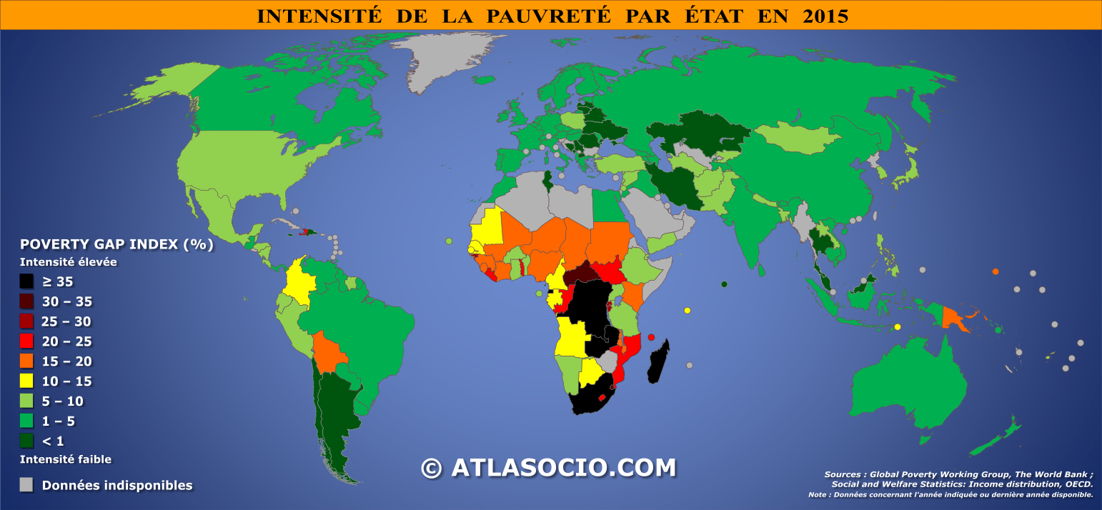 Carte du monde relative à l'intensité de la pauvreté par État en 2015