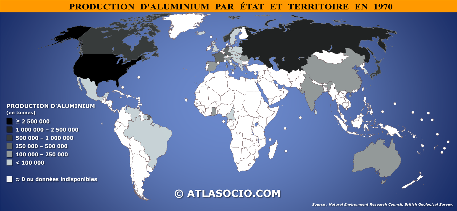 Carte du monde relative à la production d'aluminium par État en 1970