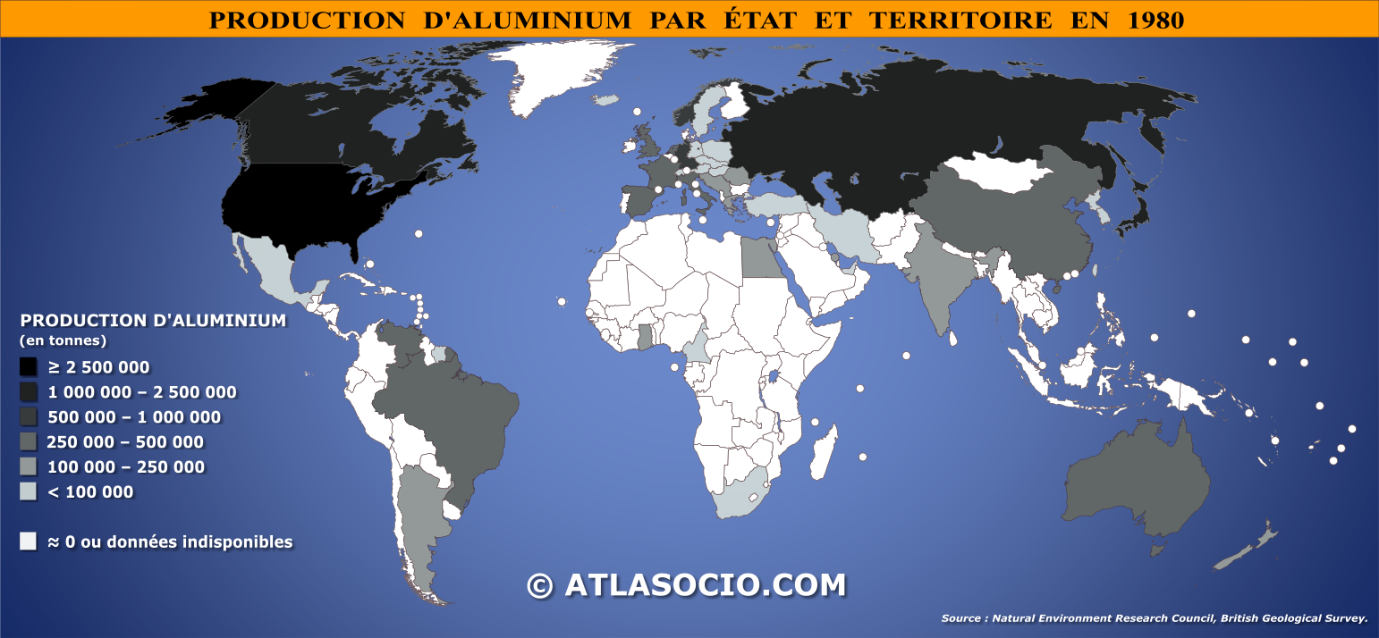 Carte du monde relative à la production d'aluminium par État en 1980