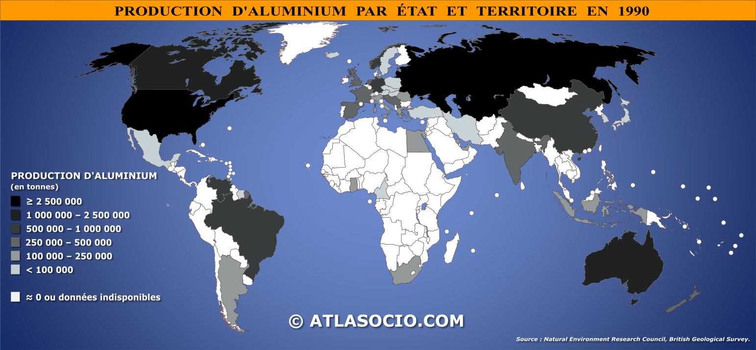 Carte du monde relative à la production d'aluminium par État en 1990