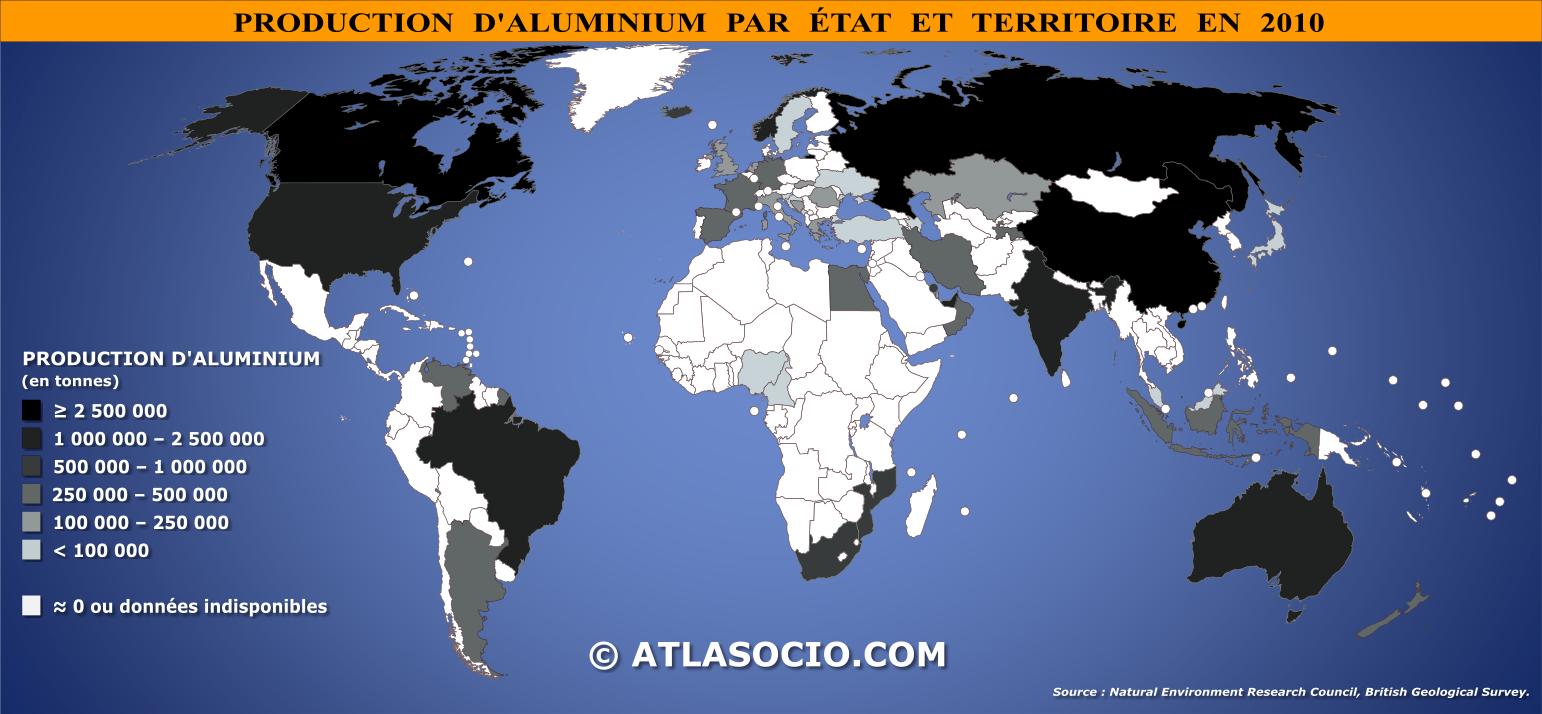 Carte du monde relative à la production d'aluminium par État en 2010