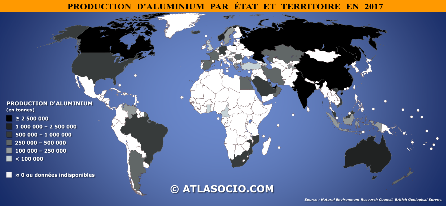 Carte du monde relative à la production d'aluminium par État en 2017