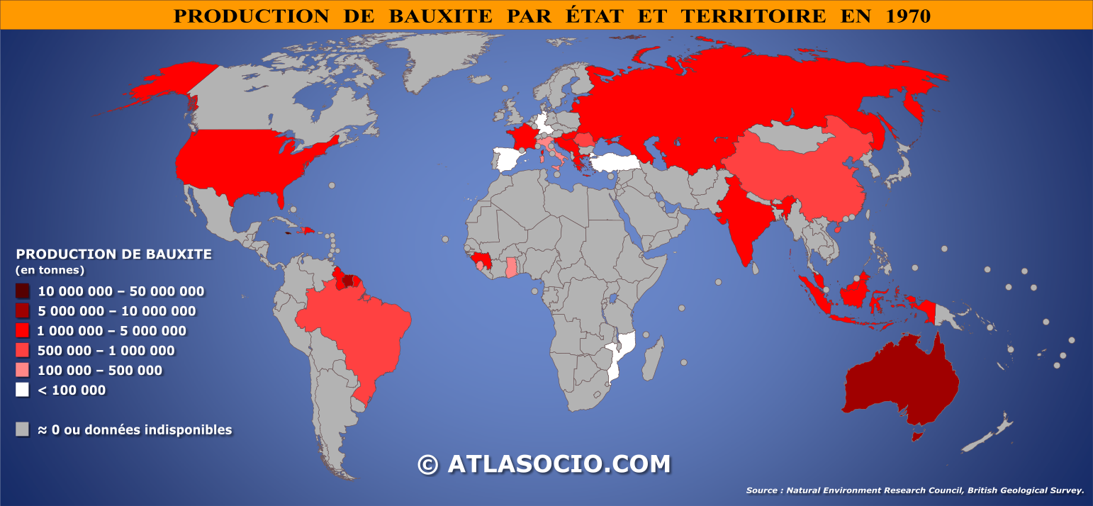 Carte du monde relative à la production de bauxite par État en 1970
