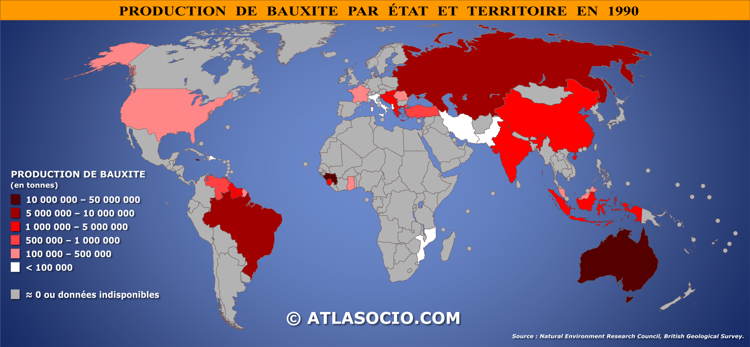 Carte du monde relative à la production de bauxite par État en 1990