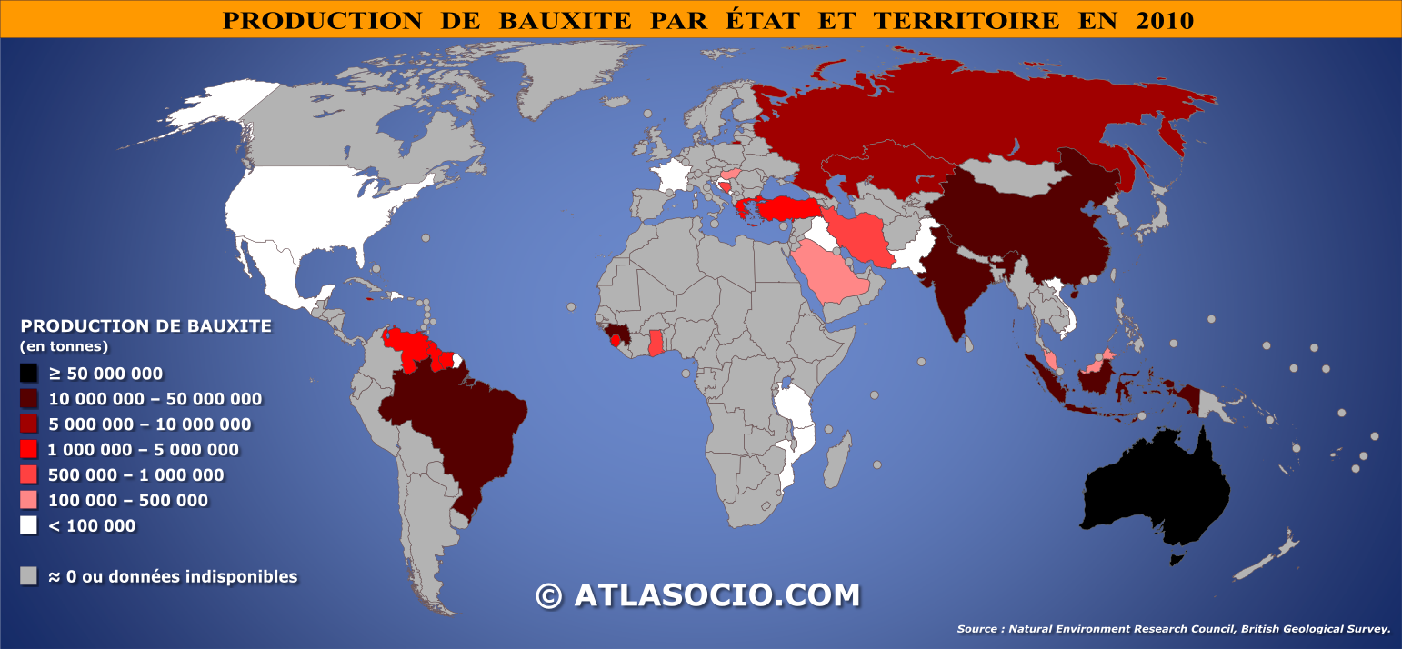 Carte du monde relative à la production de bauxite par État en 2010