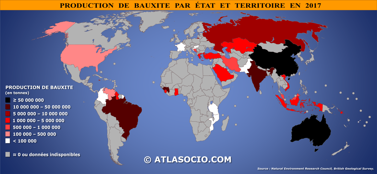 Carte du monde relative à la production de bauxite par État en 2017