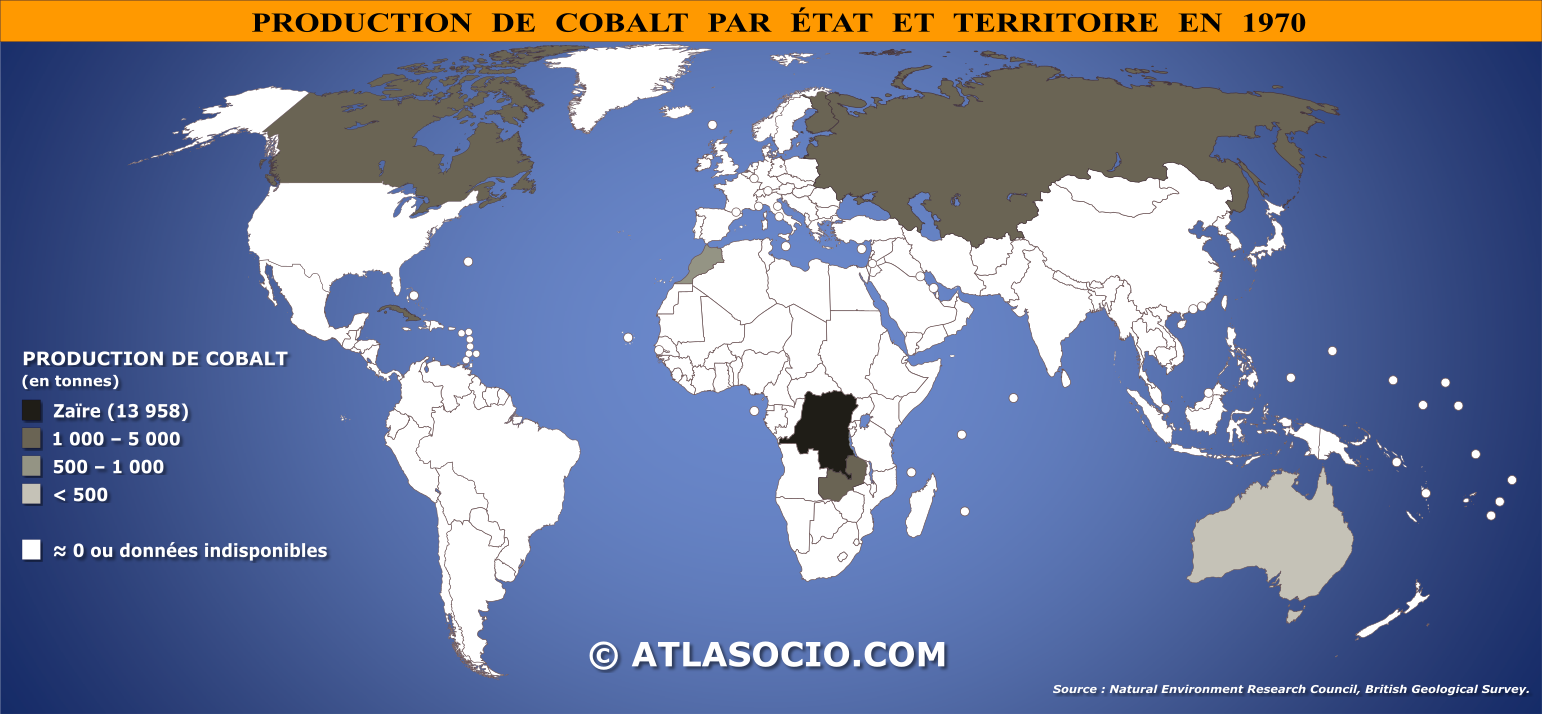 Carte du monde relative à la production de cobalt par État en 1970