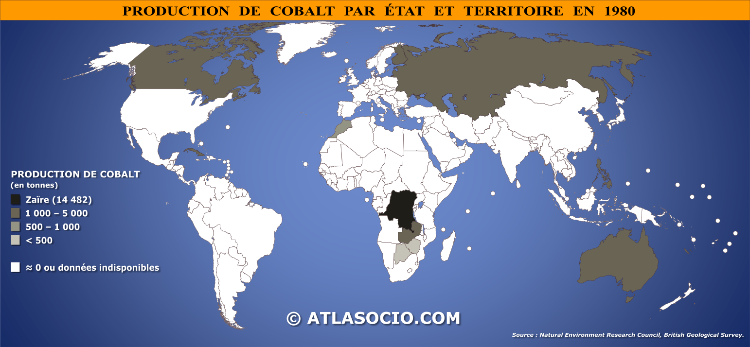 Carte du monde relative à la production de cobalt par État en 1980