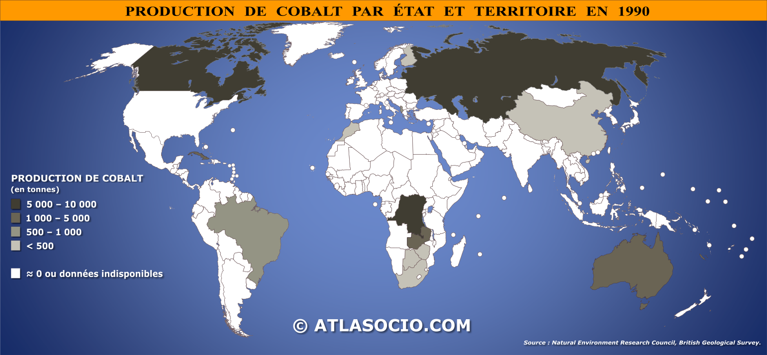 Carte du monde relative à la production de cobalt par État en 1990