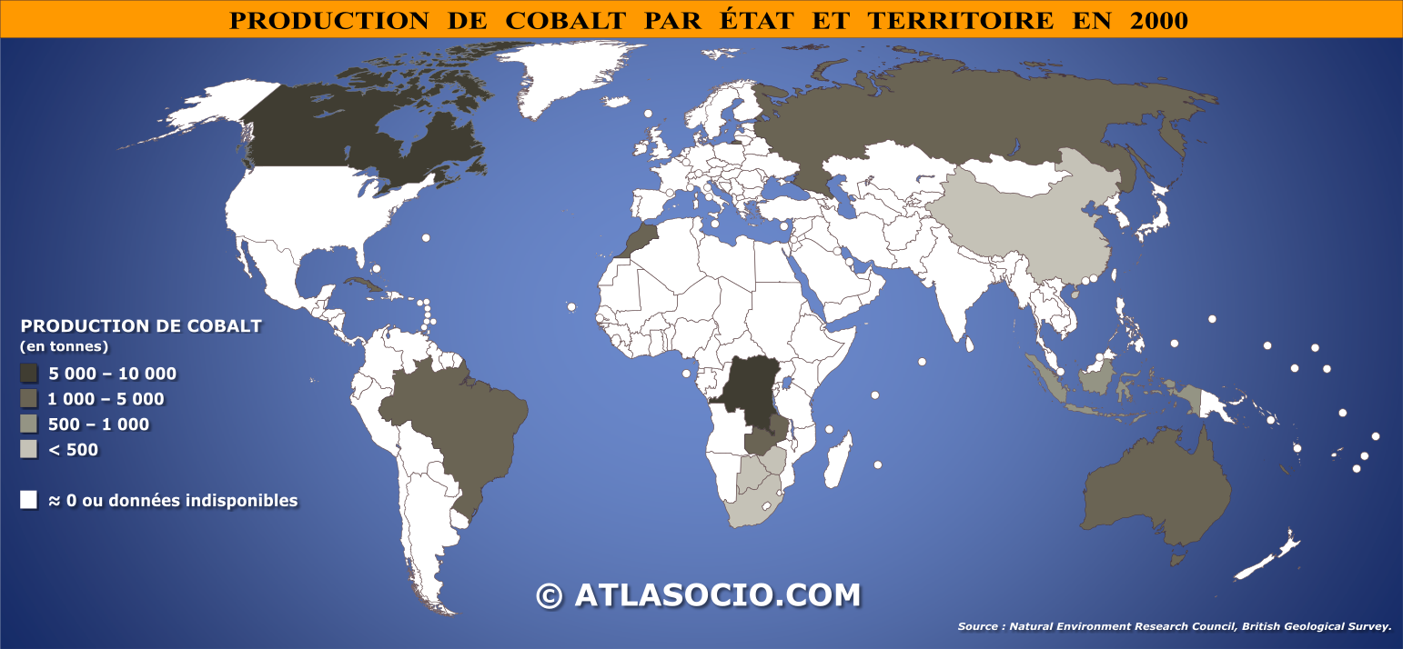 Carte du monde relative à la production de cobalt par État en 2000