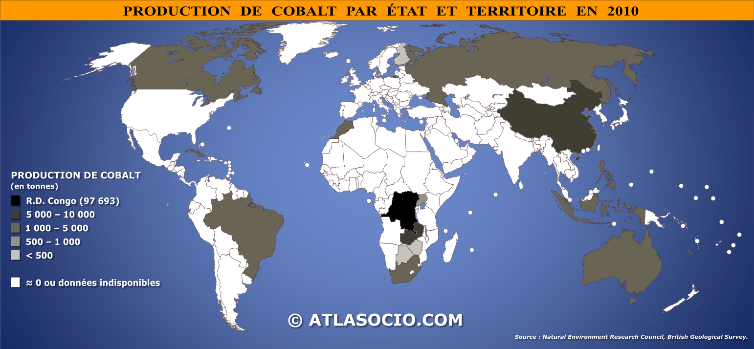 Carte du monde relative à la production de cobalt par État en 2010